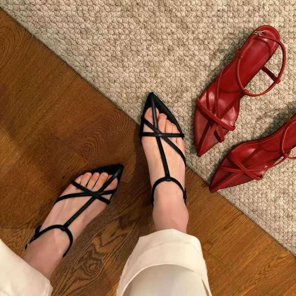 2025 Summer New Korean Style Soft Leather Pointed Cross Strap Kitten Sandals for Women Open Toe Versatile Thin Heel Slippers