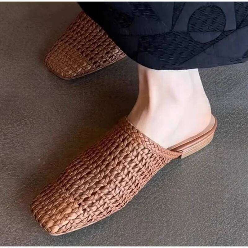 French Fashion Sandals Hand-Woven Mesh Cap-Toe Slippers Ballet Square-Toe Flat Hot Hollow Large Size Women's Shoes