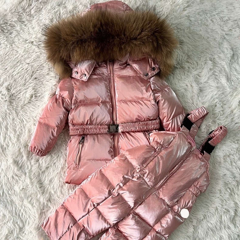 M Children's Winter Velvet Down Jacket Hoodie Christmas Cotton Jacket+Pants Set Belt Style Girl and Boy Windproof and cold proof fabric Children's Design Monograms