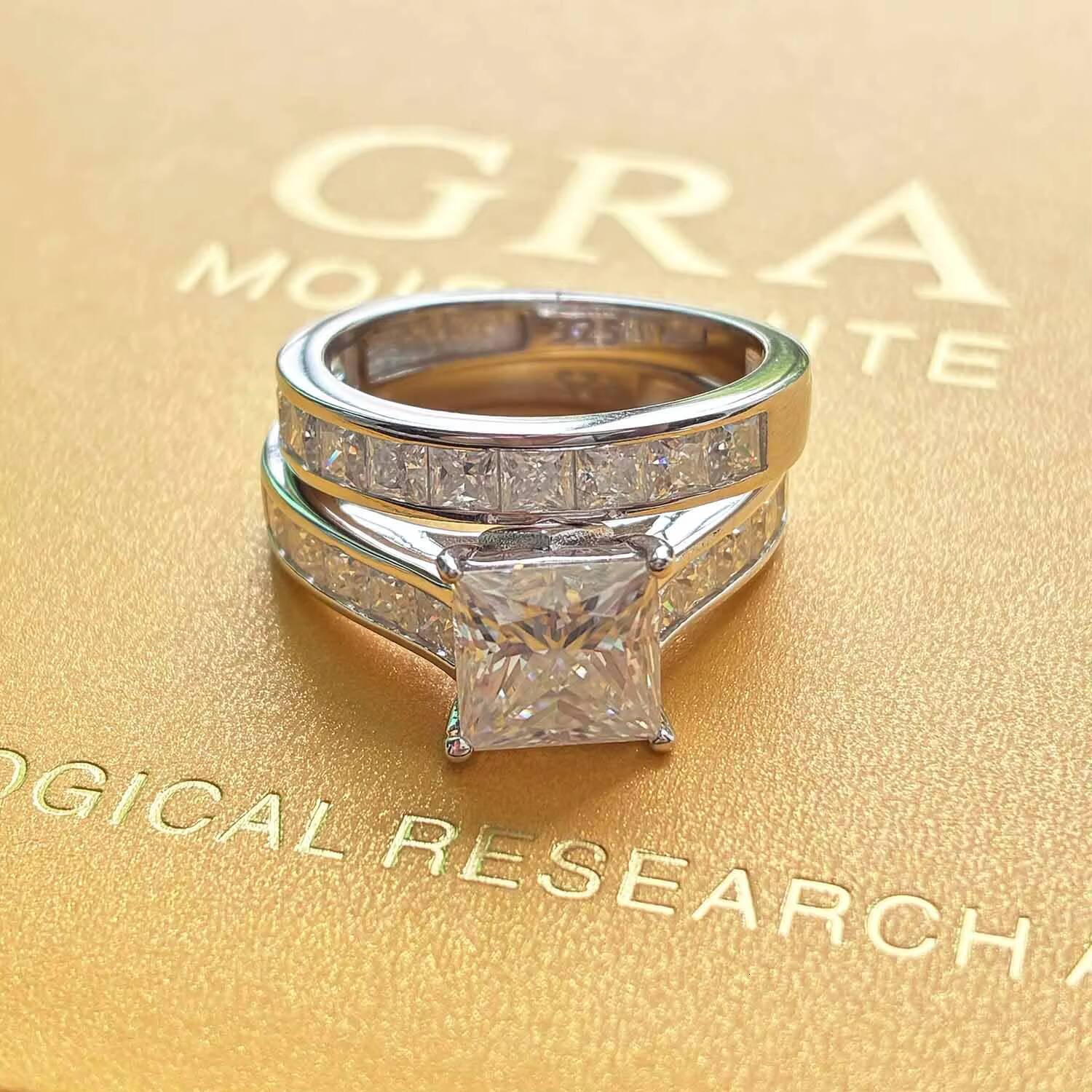 Luxury Wide Band Princess Cut 925 Sterling Silver Eternity Moissanite Stacking Ring Set for Woman Men