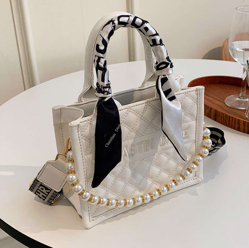 diamond grid pearl handbag, genuine leather texture silk scarf decoration bag, daily date shopping crossbody bag