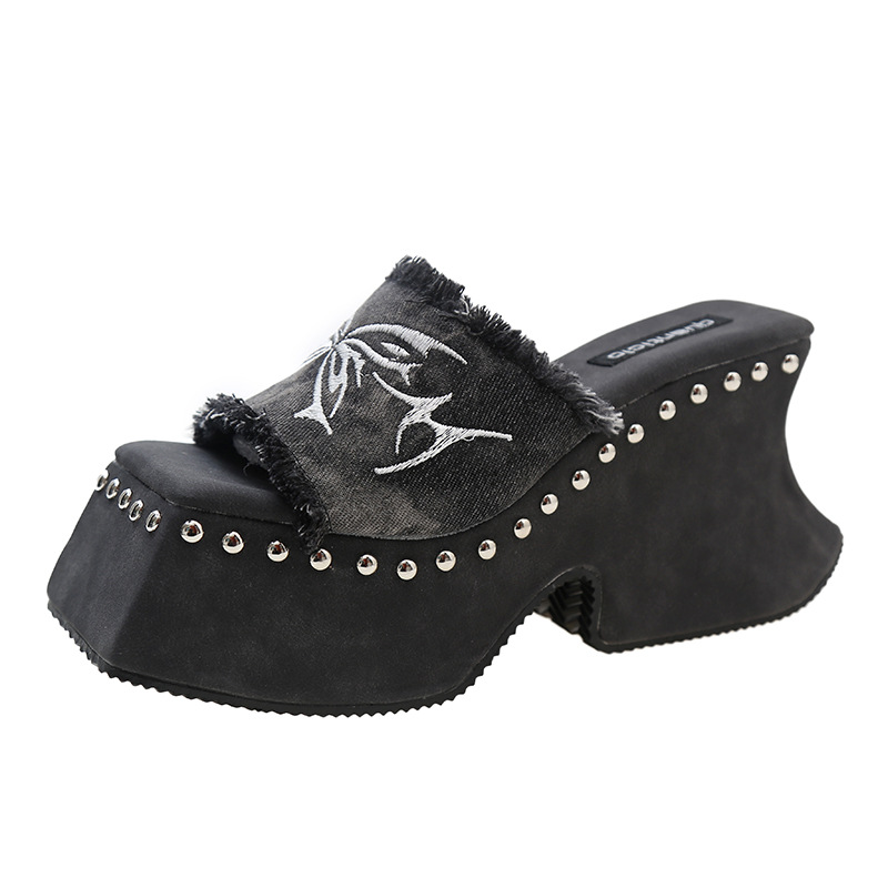 Platform Sandals for Women Denim Butterfly Design with Metal Rivets Slip On Punk Style Summer Fashion Footwear
