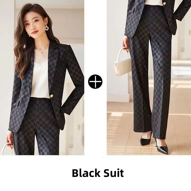 Womens Spring Autumn Fashion Plaid Professional Suit Jacket Matching Set Korean Elegant Casual Blazers Pants Two Piece 250723
