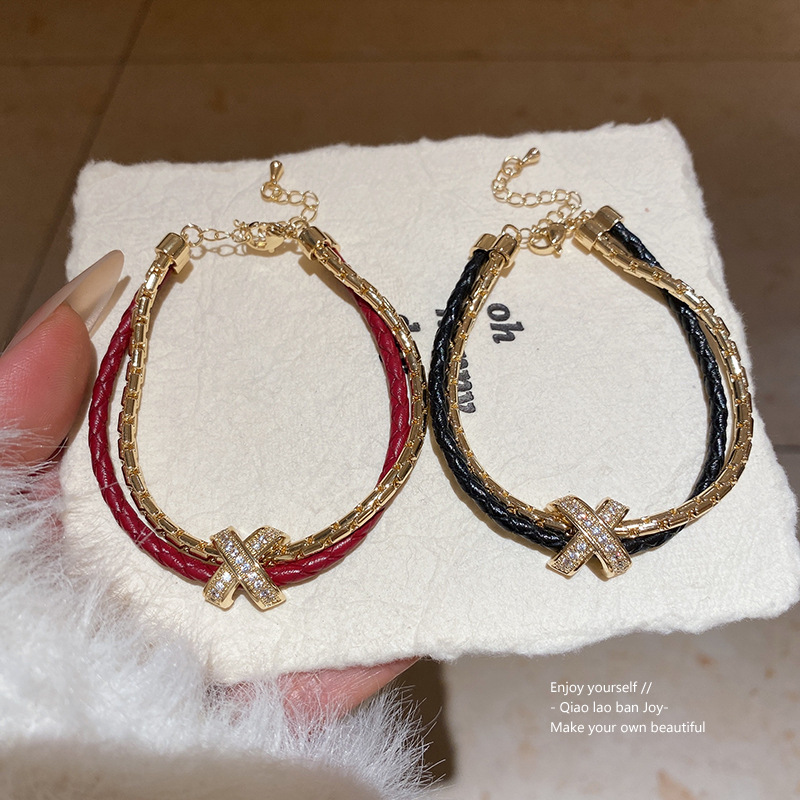 Gold - Tone Rhinestone - Studded Cross Clasp Red Braided Leather Bracelet, Elegant Party Jewelry And Gift For Her High Quality And Stylish Jewelry