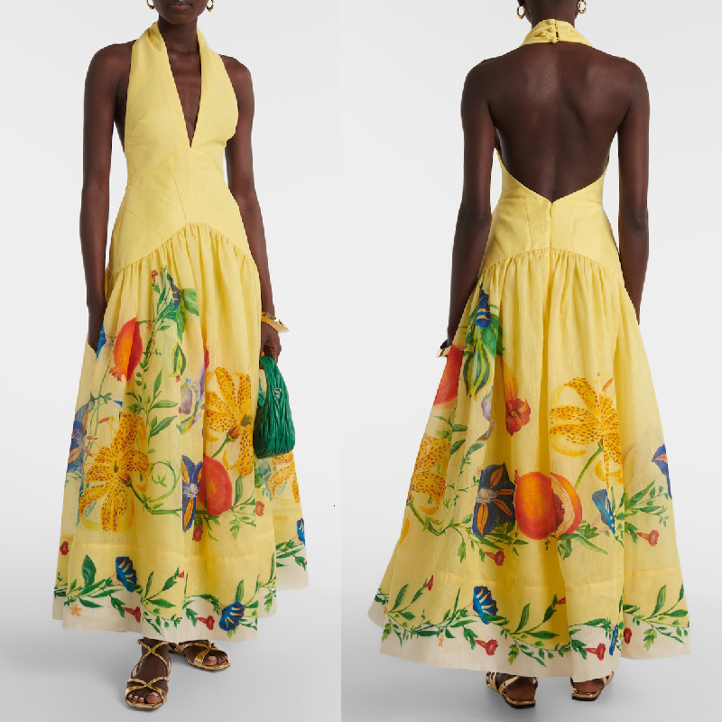 2025 Summer New Printed Halter Neck Backless Flared Deep V-neck Dress for Women