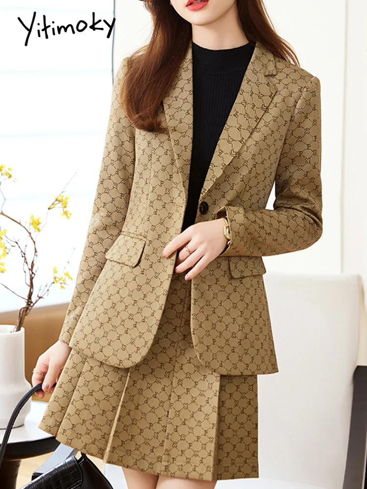 Khaki Elegant Temperament Long Sleeved Professional Jacket Skirt Two Piece Set Color Plaid Slim Fit Business Casual Suit 250723