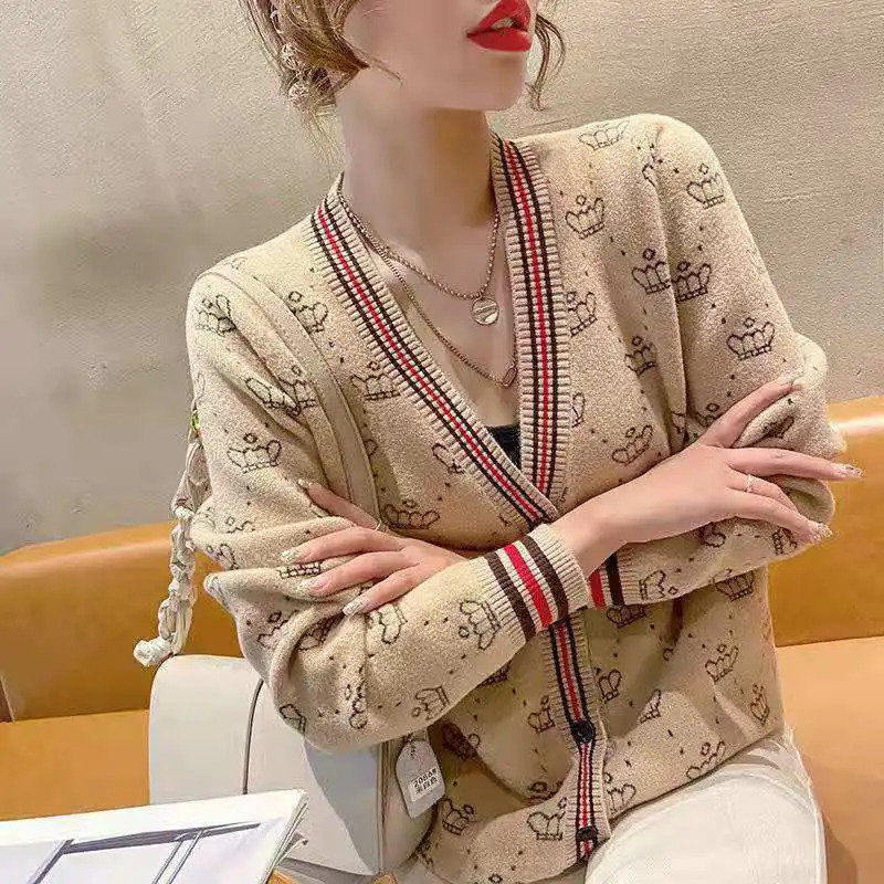 Korean Vintage Spring Autumn Knit Sweaters Coat Button Cardigans Loose Fashion Women Jacquard Striped Long Sleeve Casual Jumpers 250723