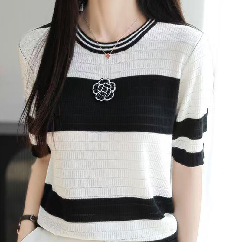 Women Summer Simplicity Office Lady Striped O-neck Short Sleeve Knitwear Tops Ladies Elegant Temperament All-match Trend Ice Silk T-Shirt Top 250723