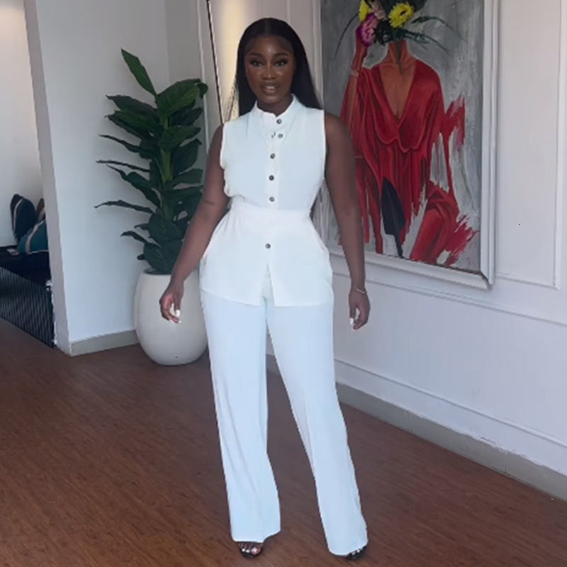 Womens 2024 Summer New Stand up Neck Button Sleeveless Waist Tie Up Top Wide Leg Long Pants Set