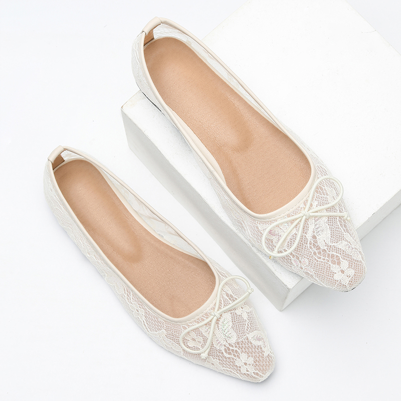 versatile casual flat shoes Spring and autumn new wedding style bow decoration solid color light mouth small square toe mesh breathable, comfortable