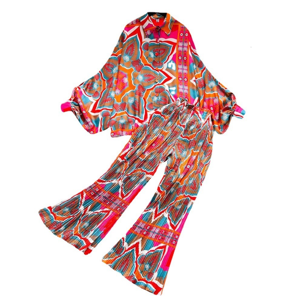 Vintage print lapel loose shirt two-piece set spring womens elastic waist drop pleated wide-leg pants fashion set 240514