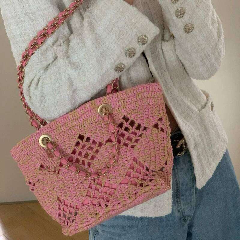 Weaving Hollow Beach Bag High-End Fashion One-Shoulder Crossbody Chain Vegetable Basket Handbags For Women Canvas Cloth Summer