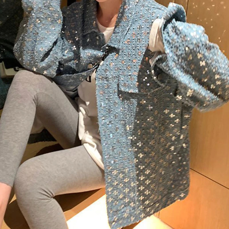 Blue sequined embroidered small fragrance jacket womens autumn and winter jeans fashion sense niche jacket250723