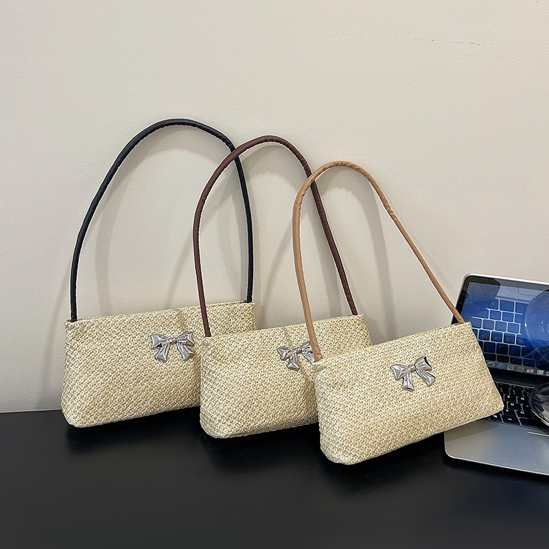 women's 2025 Summer new women's crossbody bag woven hollow bag Summer new wide shoulder strap retro straw woven new women's shoulder ba