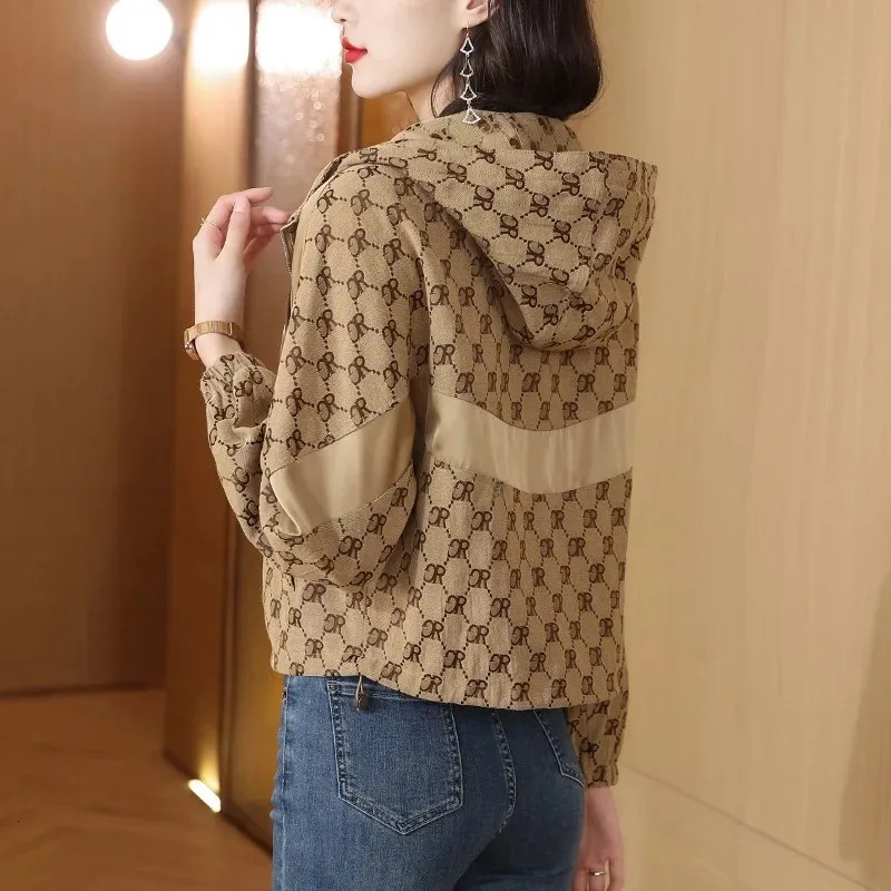 Fashionable Printed Jacket Womens Autumn Outerwear Cardigan Petite Style Hooded Drawstring Jacket Top Trendy250723