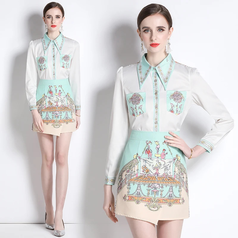 Summer Sweet Two Piece Set Women Turn Down Neck Long Sleeve Floral Print Chiffon Shirt TopIrregular Vintage Mini Skirt Suit 250723