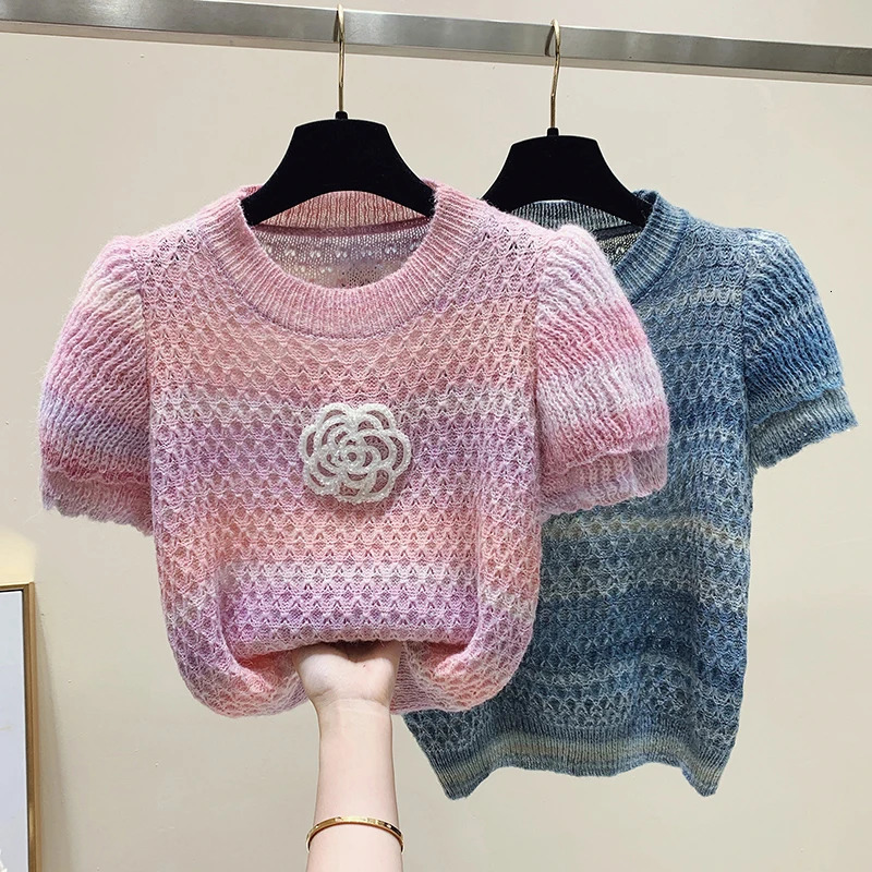 Korean Fashion Knitwear Women O-Neck Short Sleeve Casual Summer Y2K Chic Clothing Sweater Pullovers Tops Pull Femme Tees 250723