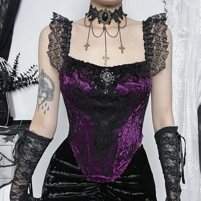 Goth Sexy Lace Trim Off Shoulder Corset Tank Tops for Women Y2K Vintage Aesthetic Black Red Velvet Backless Crop Tops Camisole 240926