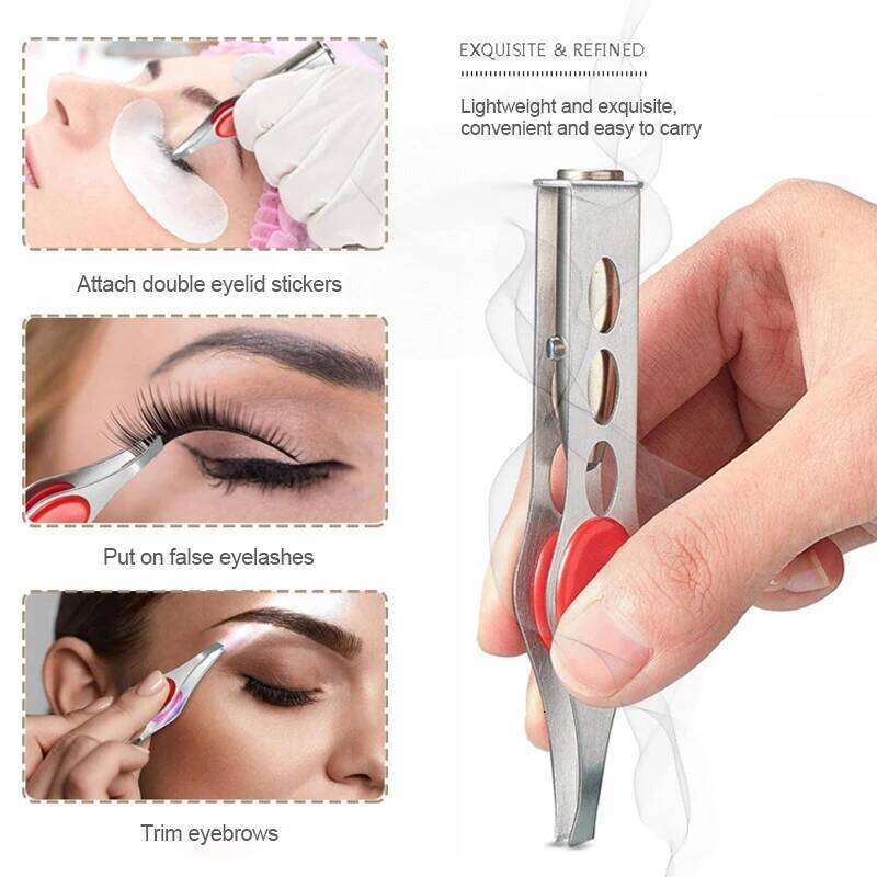 1PC LED Tweezer Oblique Tip Stainless Steel Eyebrow Trimming Clip Eye Hair Removal Prune False Eyelash Clamp Makeup Tool Eyelash Curl