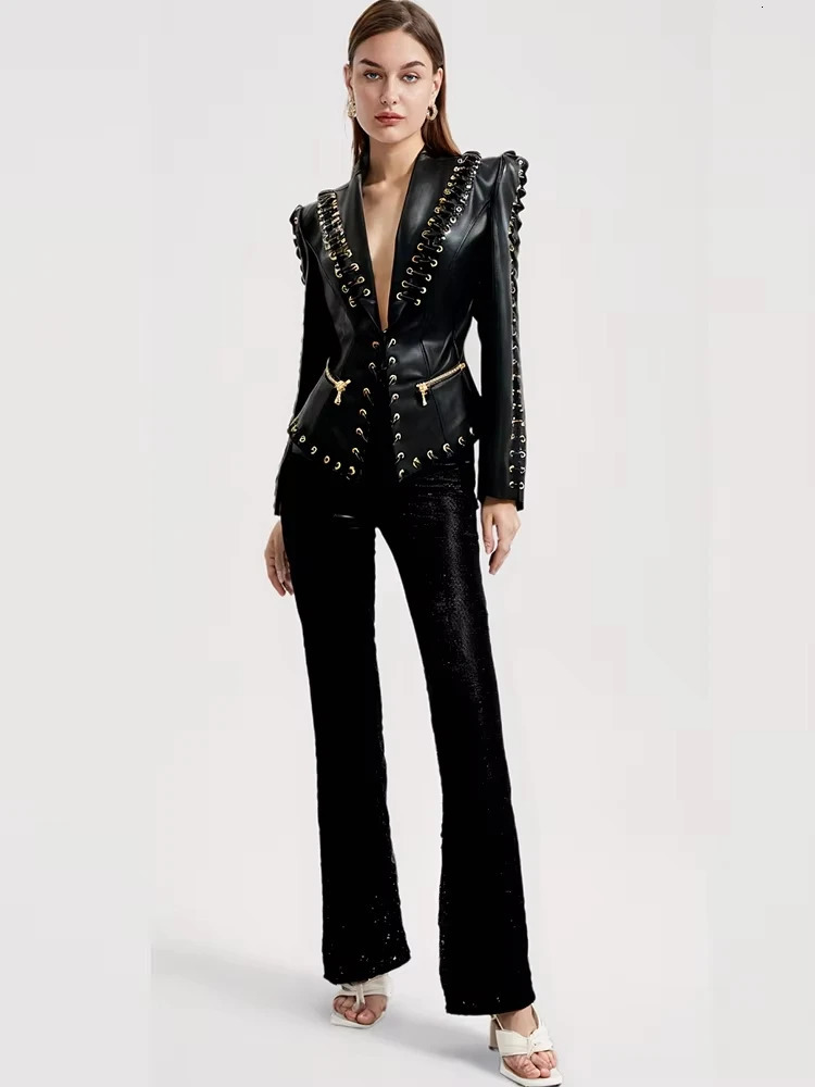 Gold Chain Edge Decoration Grid Faux Leather Jacket Cardigan Coat Blazer Black Mini Skirt Outfit Women Short Jacket 250723