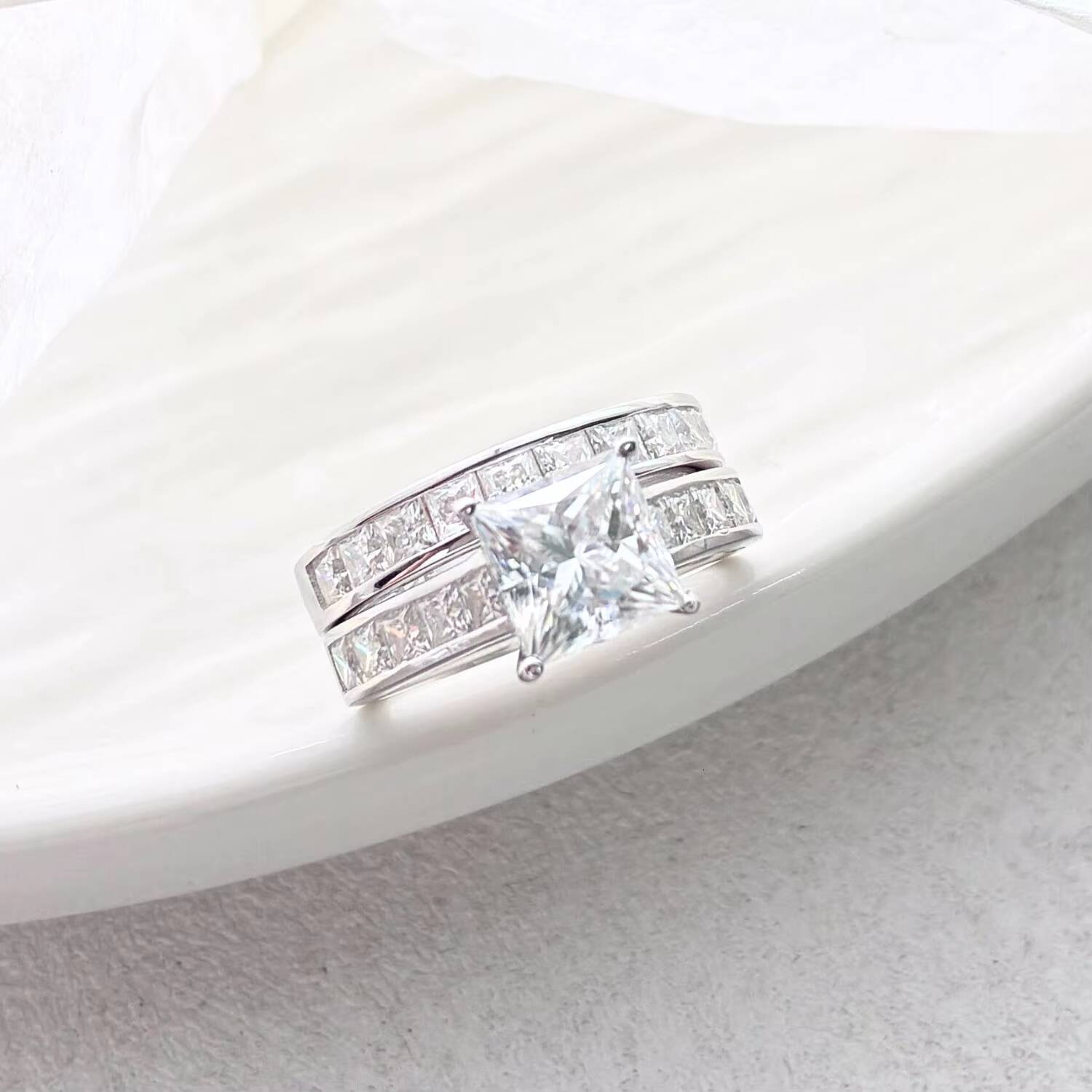 Luxury Wide Band Princess Cut 925 Sterling Silver Eternity Moissanite Stacking Ring Set for Woman Men