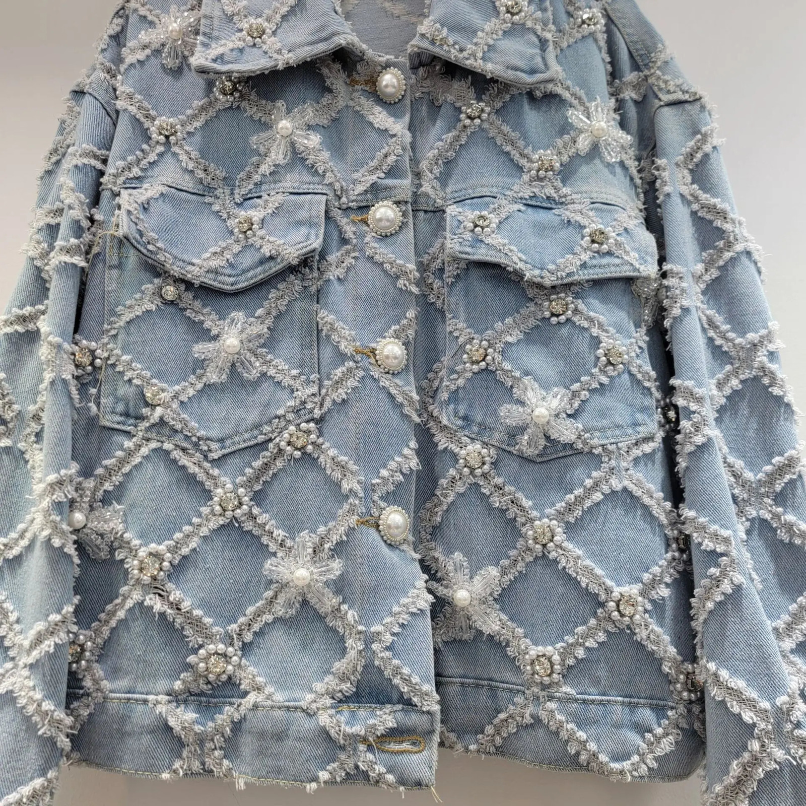WTHT Fashion Womens Spliced Rivet Flower Plaid Denim Jacket Spring Trendy Lapel Long Sleeves Coat 1LS1131 250723