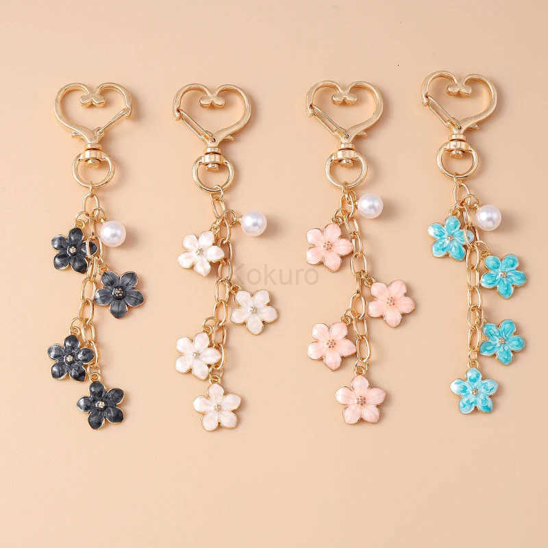 ute Enamel Pearl Flower Keychain Plant Key Ring Pendant for Women Girls Handbag Decoration DIY Handmade Jewelry Gifts M250723