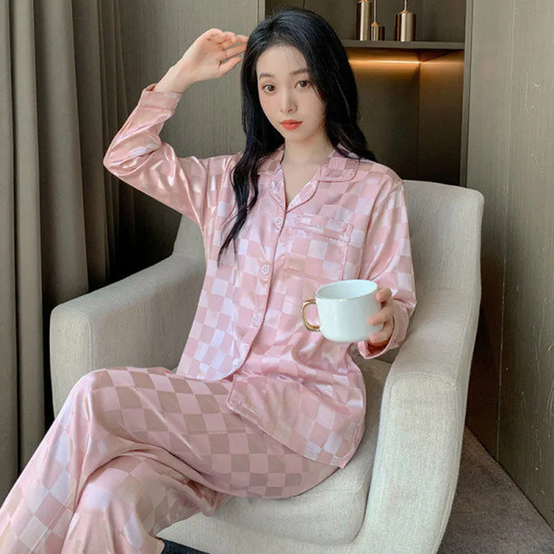Plus Size Women Pajamas Set Long Sleeves Home Wear Two-Piece Cardigan Solid Plaid Sleepwear Sexy Nightwear Autumn Winter 250723