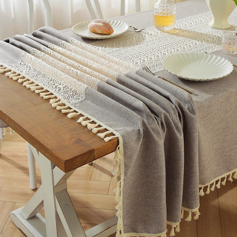 YL-36782 new tablecloth polyester linen simple temperament hollow splicing rectangular high-grade retro coffee table dining table cover cloth spot
