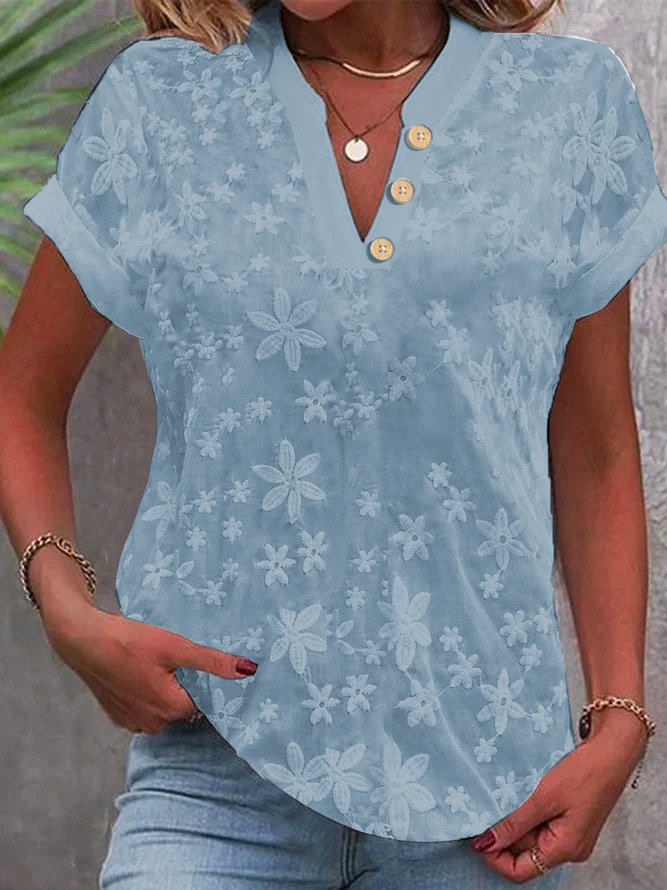 Free Shipping 2025 Designer Tops Women Blouses Embroidered V-Neck Short Sleeve Shirt Women Summer Simple Casual Cotton Blouse
