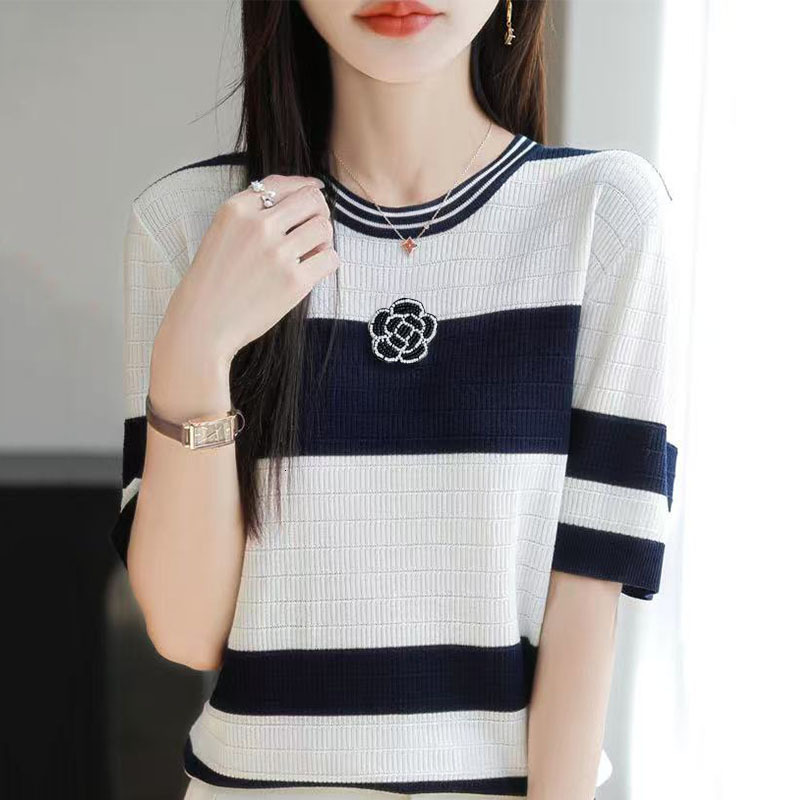 Women Summer Simplicity Office Lady Striped O-neck Short Sleeve Knitwear Tops Ladies Elegant Temperament All-match Trend Ice Silk T-Shirt Top 250723