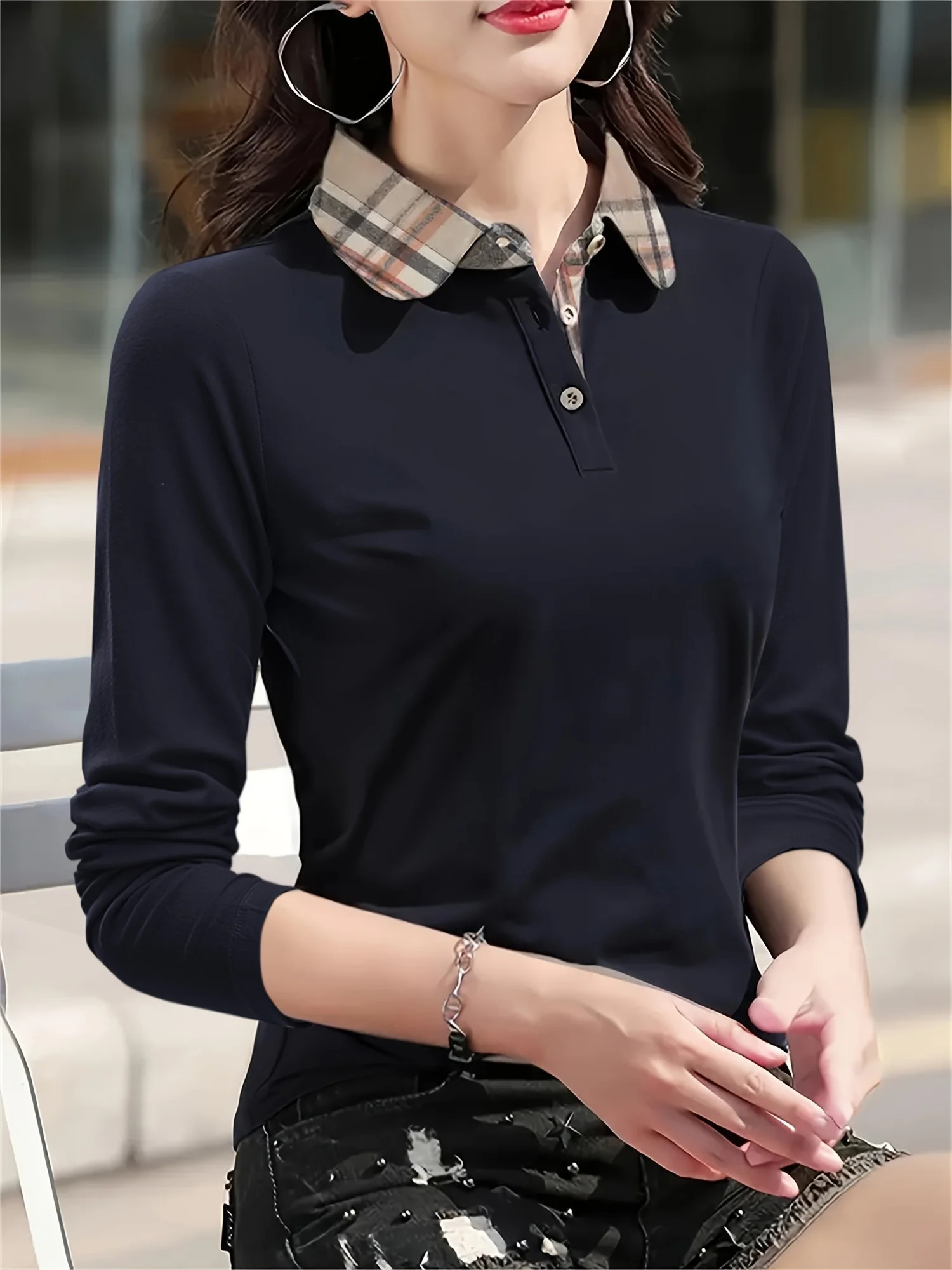 Womens plaid collar solid color long sleeve fashion casual POLO shirt suitable for spring and autumn knitted tops. 250723