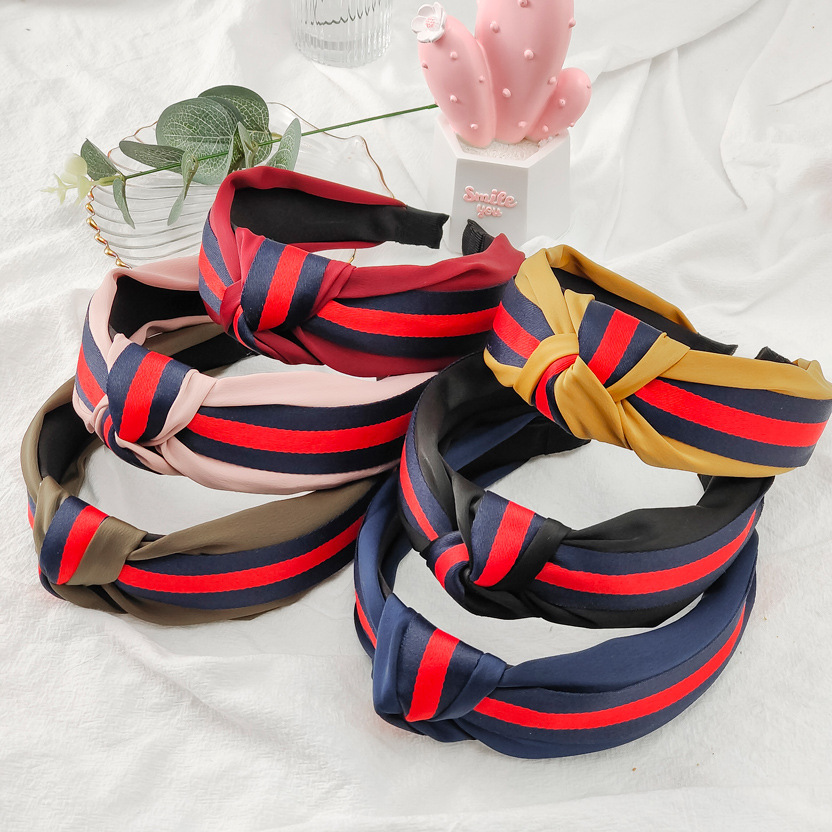 Stripe Ribbons Knotted Hairbands British Style Hair Clips Wide Edge Wide Ladies' Outdoor Crossover Headband Hair Accessories
