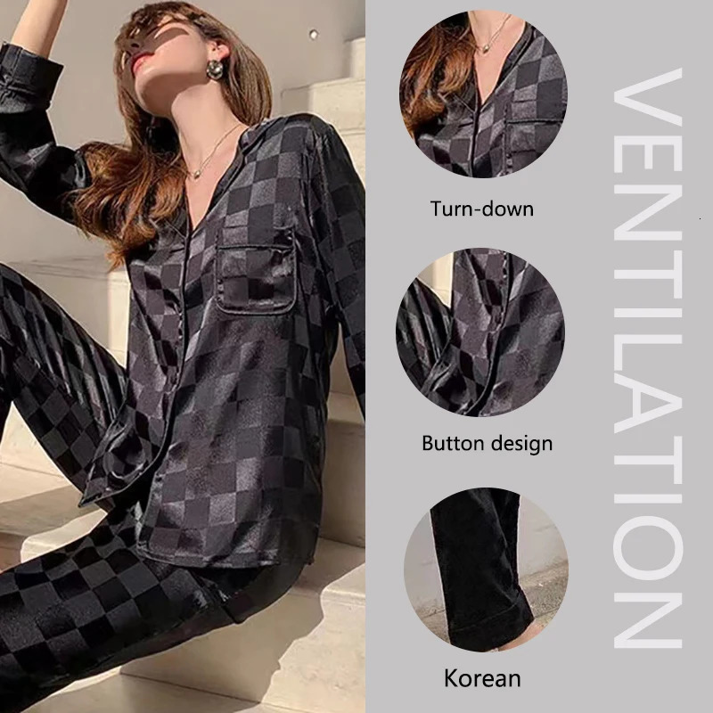 Plus Size Women Pajamas Set Long Sleeves Home Wear Two-Piece Cardigan Solid Plaid Sleepwear Sexy Nightwear Autumn Winter 250723