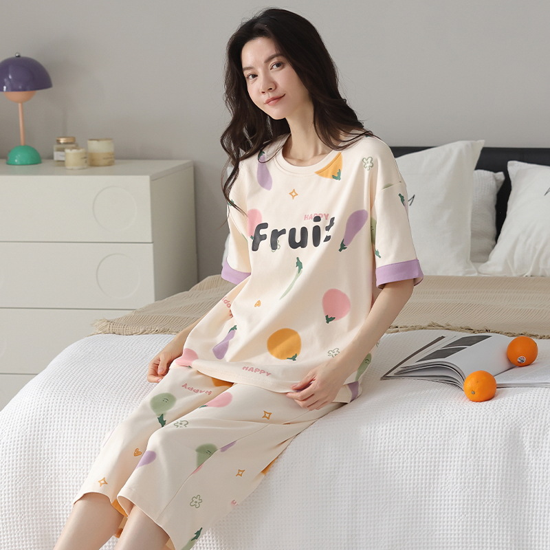X203-Pajamas women summer pure cotton summer new short-sleeved cropped pants Korean style casual cute outer wear home clothes suit ladies