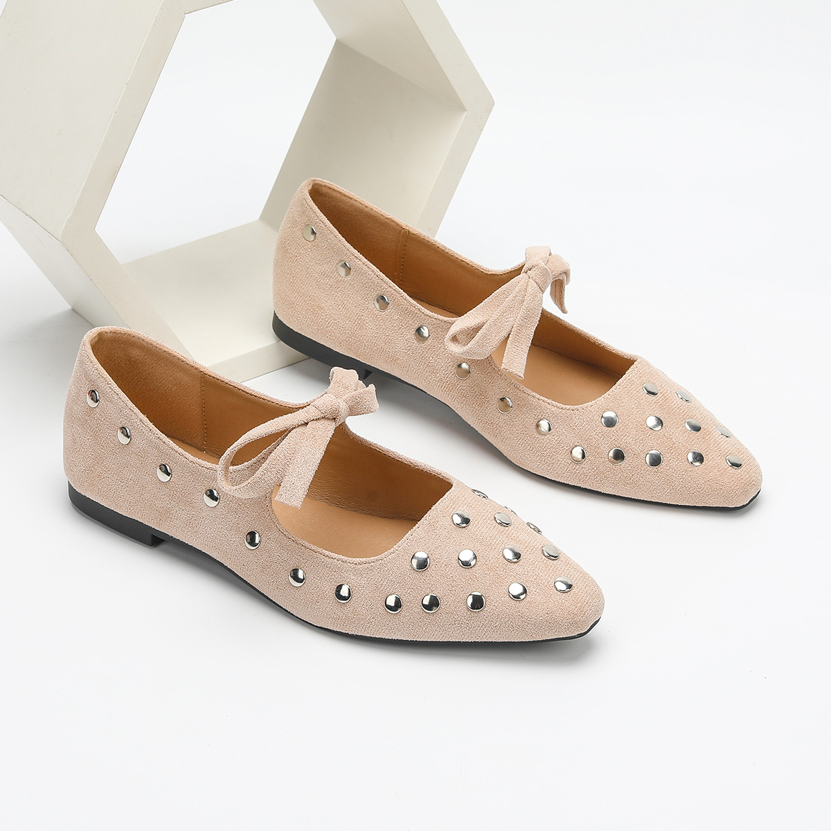 casual flat shoes Spring and autumn new style faux suede bow decorated solid color light-mouthed small square toe versatile