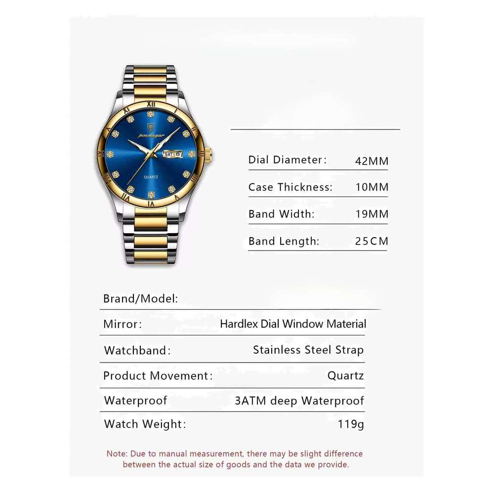 DHwatches POEDAGAR Men's Business Watch - Dual Calendar, Luminous, 30M Waterproof, Stainless Steel, Quartz Dress Watch for Professionals