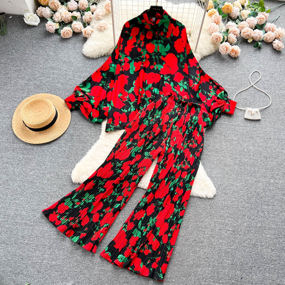 Vintage print lapel loose shirt two-piece set spring womens elastic waist drop pleated wide-leg pants fashion set 240514