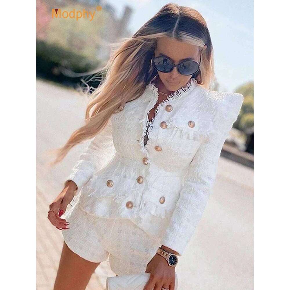 Elegant White Tweed Women Set Single-Breasted Slim Tassels Jacket & High Waist Shorts Suit Celebrity Party Sets 2025 Fall New
