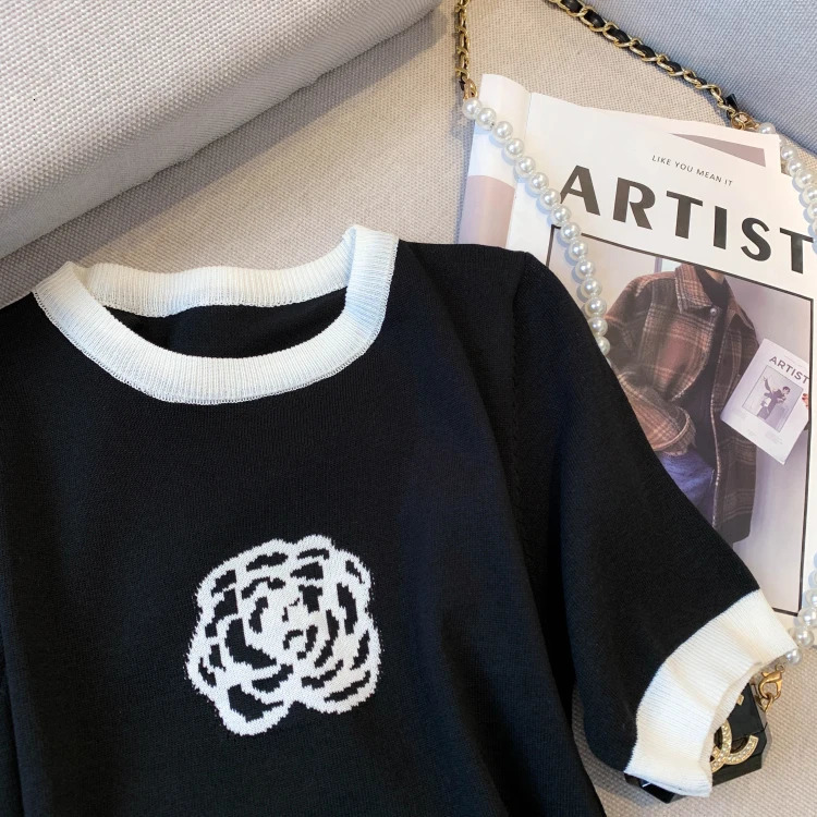 Camelia Jacquard Ice Silk Knitted Sweater Tshirt Women Summer Elegant Vintage Fashion Knitwear Tees Short Sleeve O-neck Top 250723