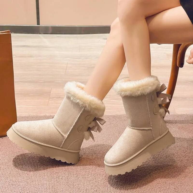 2024 winter new bow hair mouth plus pile cotton casual all-match thick soled mid-tube snow boots ddmythur