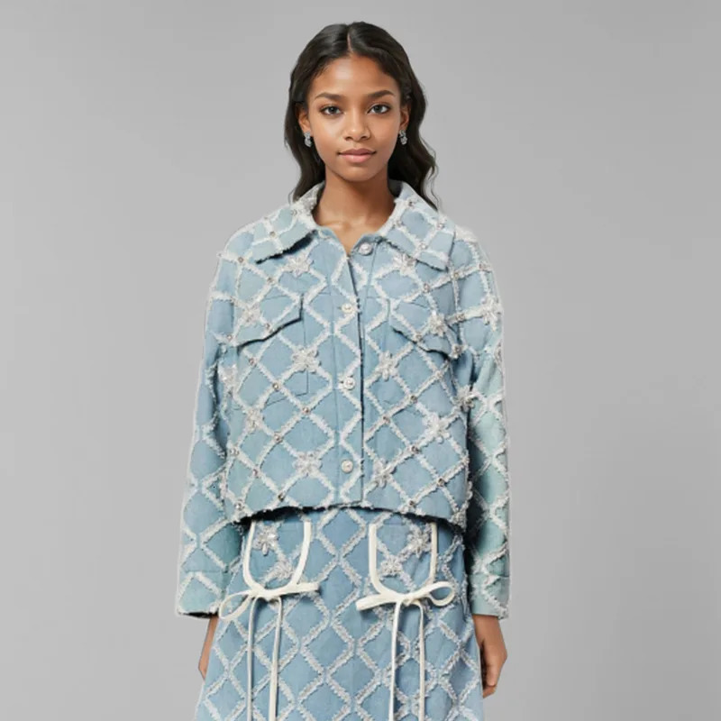 WTHT Fashion Womens Spliced Rivet Flower Plaid Denim Jacket Spring Trendy Lapel Long Sleeves Coat 1LS1131 250723