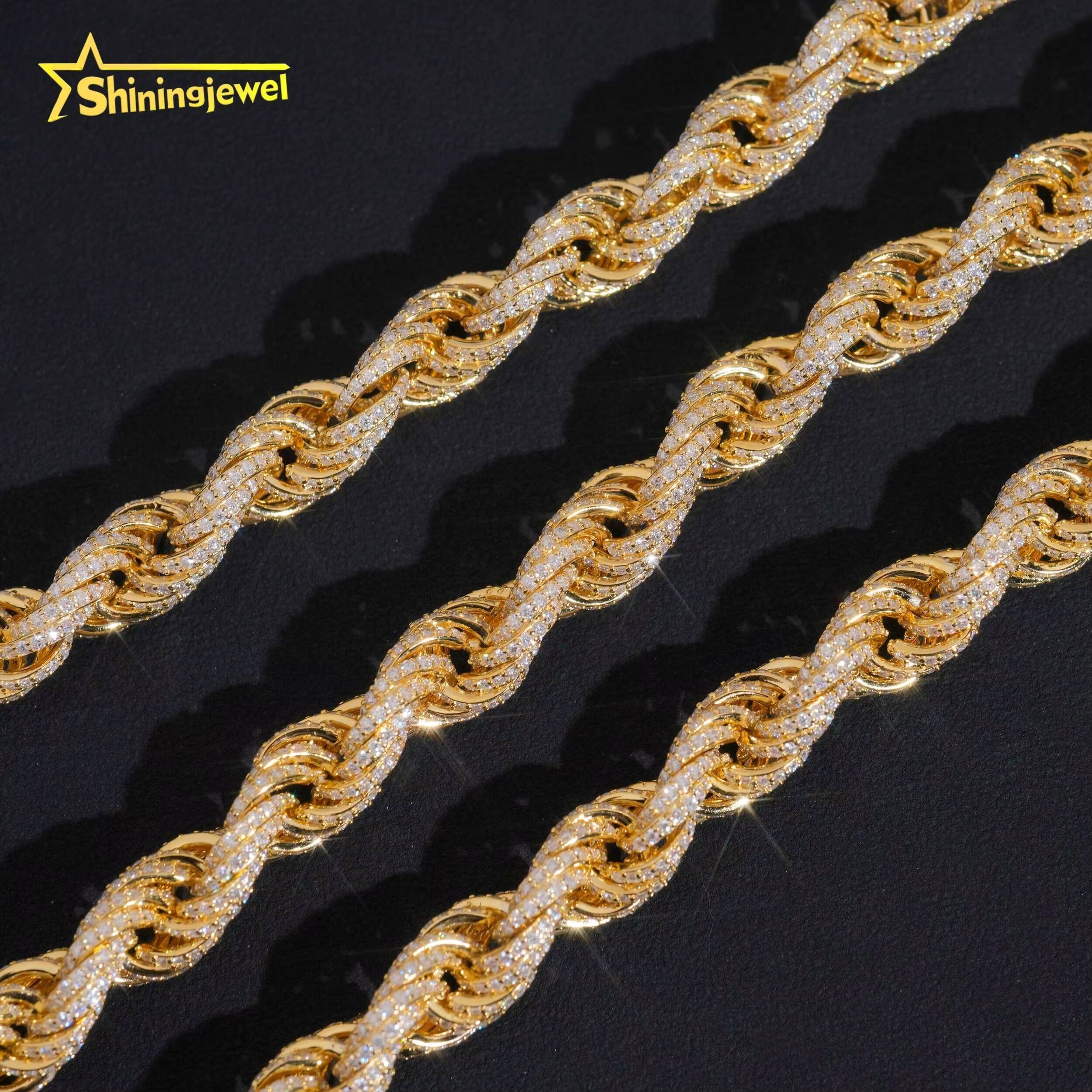 Pass Diamond Tester Hip Hop 10mm 925 Silver Gold Plated Fully Iced Out VVS Moissanite Rope Chain