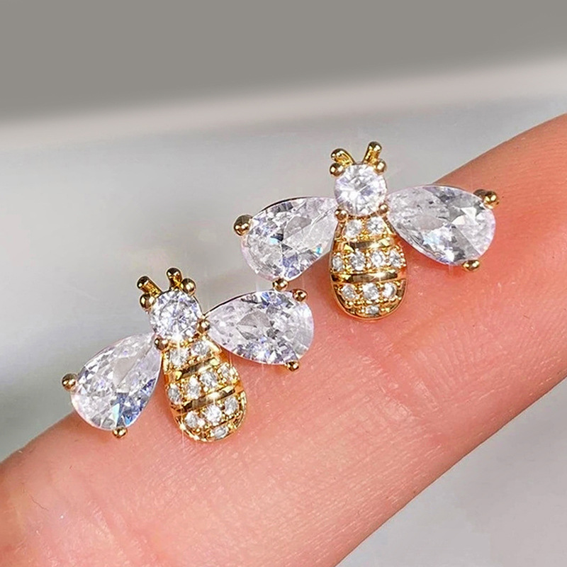 Gold Tone Bee Shaped Stud Earrings Crystal Wing Accents Cute Daily Jewelry And Gift For Her High Quality And Stylish Jewelry