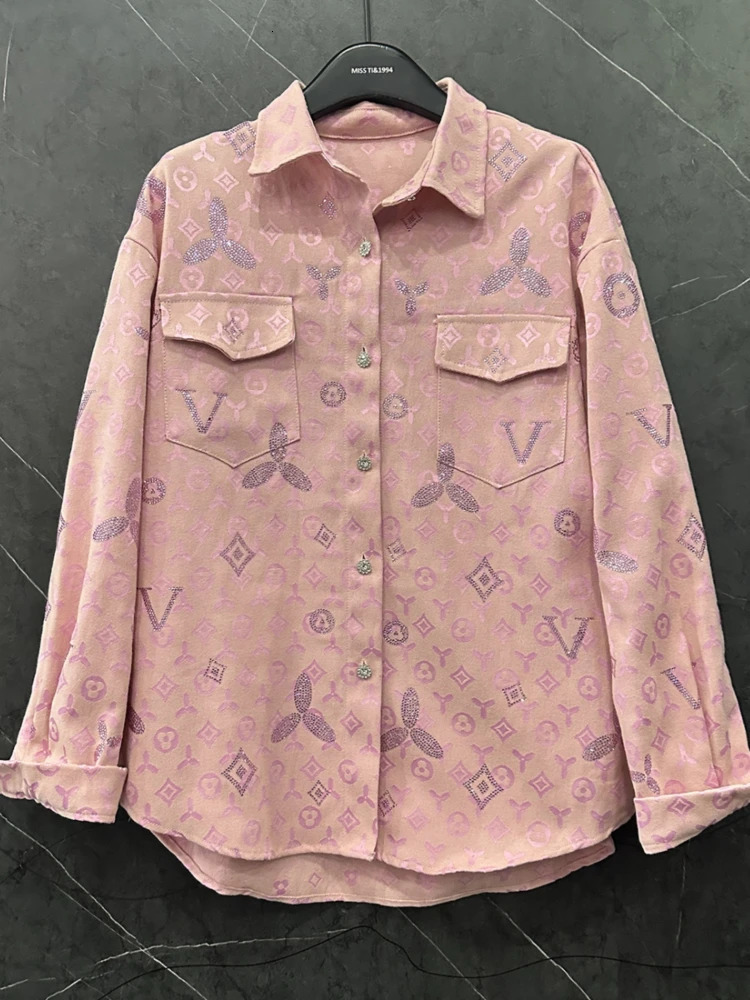 Spring All-match Loose Cardigans Coat Full Diamonds Drilling Denim Blouses Streetwear Long Sleeve Casual Top Shirts 250723