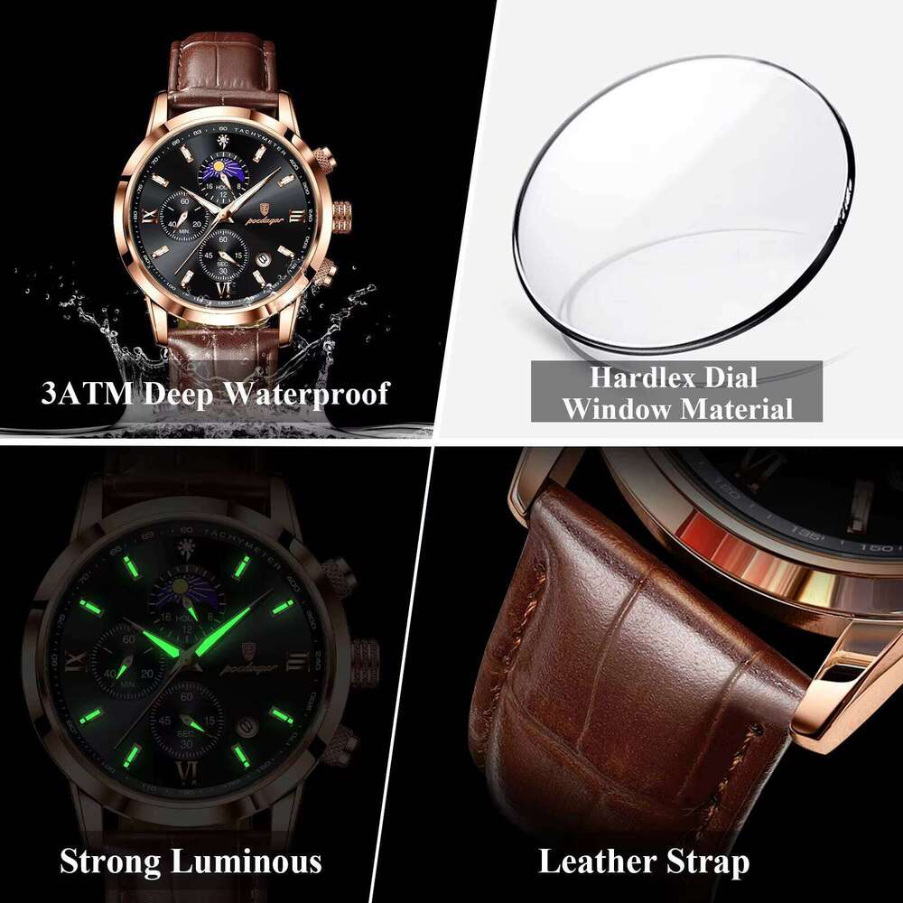 DHgargets POEDAGAR Men's Moon Phase Chronograph Watch - Multifunction, 30M Waterproof, Leather Strap, Quartz Wristwatch with Tachymeter