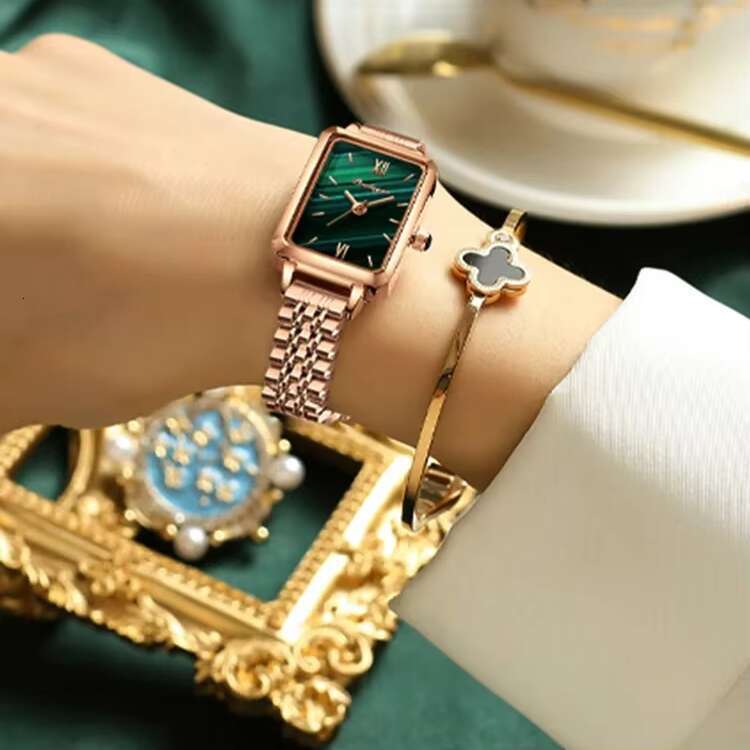 DHgargets POEDAGAR Women's Rectangle Watch - 50M Waterproof, Stainless Steel Band, Small Green Dial, Quartz Wristwatch for Students