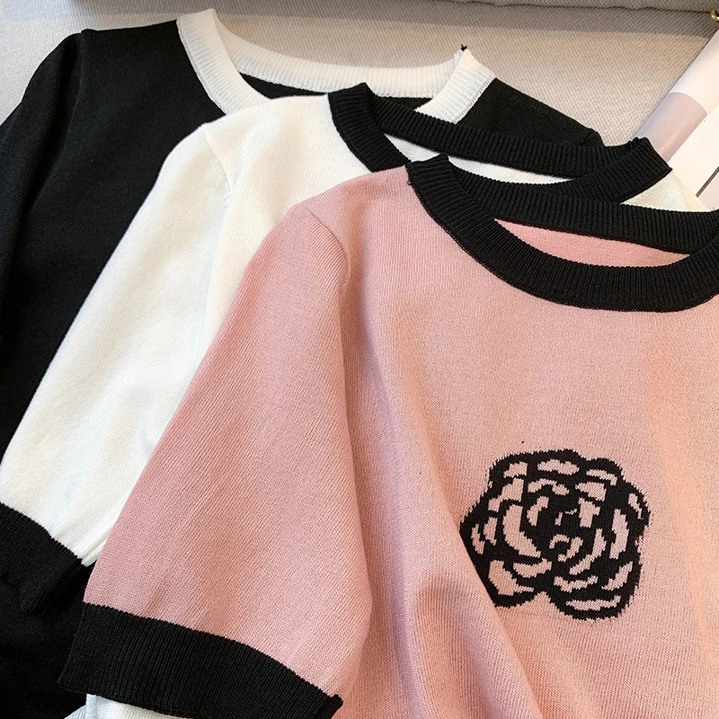 Camelia Jacquard Ice Silk Knitted Sweater Tshirt Women Summer Elegant Vintage Fashion Knitwear Tees Short Sleeve Oneck Top 250718