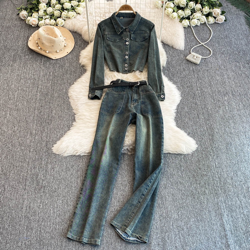 Autumn Denim 2 Piece Set Women Halter Slash Neck Off Shoulder Long Sleeve Pleated Jackets Casual Jeans Y2k Streetwear Suit 250211