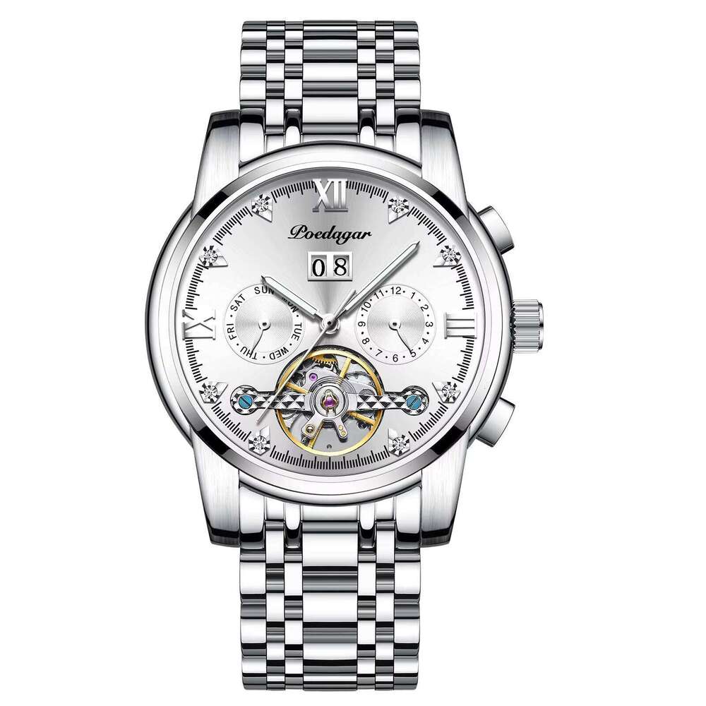 DHwatches POEDAGAR Men's Luxury Automatic Watch - Tourbillon, Day/Date/Month, 50M Waterproof, Luminous, Stainless Steel, Business Mechanical Watc